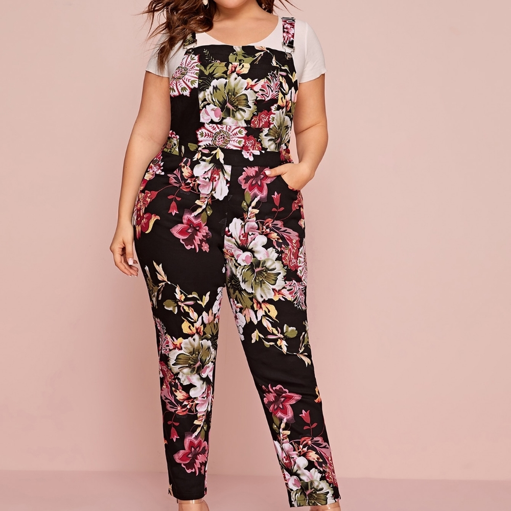 Plus Floral Print Slant Pocket Denim Overall